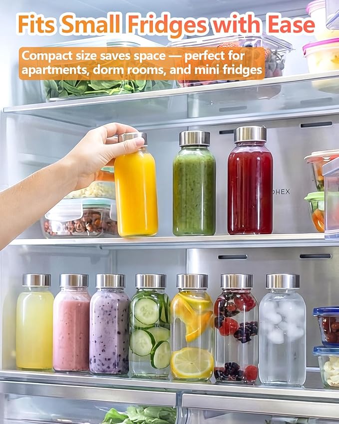 Zukro 8 oz Glass Water Bottles with Lids, Reusable Clear Juice Bottles With Stainless Steel Airtight Cap for Juicing, Ginger Shot, Milk, 250ml Leak Proof Small Smoothie Container, BPA Free, Set of 4