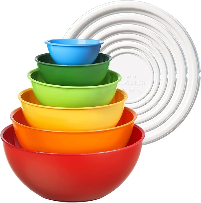 6-Piece Plastic Mixing Bowls Set with Airtight Lids, Nesting Bowls for Space Saving, TPR Sealed & PP5 Leak-Proof Lids, for Baking, Prepping & Serving, Dishwasher Safe (Rose Red)