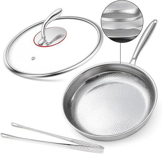 12 Inch Titanium Nonstick Frying Pan, 5-Layer Hammered Titanium-Alloy Skillet with Lid, PFOA/PFOS/Lead/Cadmium Free, Oven & Dishwasher Safe, Induction Cooktop Compatible