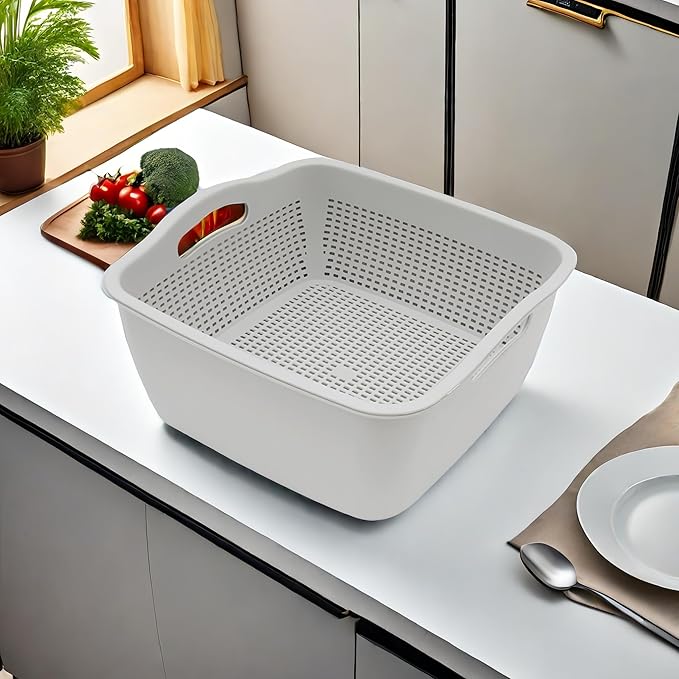Kitchen Colander Drain Basin 2 in 1 Plastic Basket Strainer Bowl (grey), large, Gray