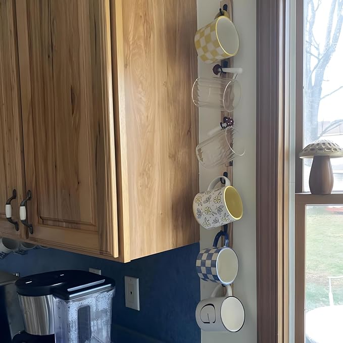 Wall-Mounted Coffee Mug Rack - 6-Hook Solid Wood Cup Holder for Kitchen Cabinet, Space-Saving Tea Bar Organizer with Rustic Decor (Vertical Rectangle Design)
