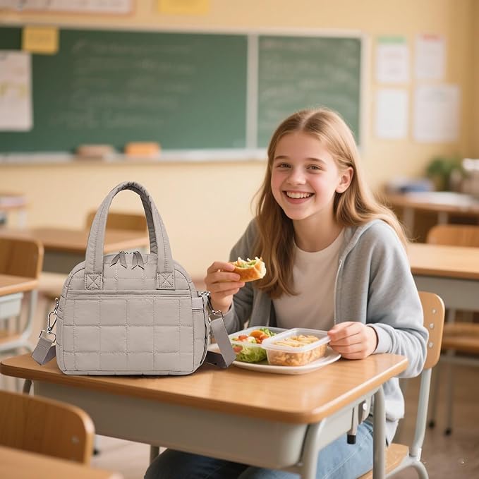 LEDAOU Lunch Box for Women Lunch bag Quilted Puffer Lunch Box with Adjustable Strap Insulated Reusable LunchBox for Work School Picnic Travel (Grey)