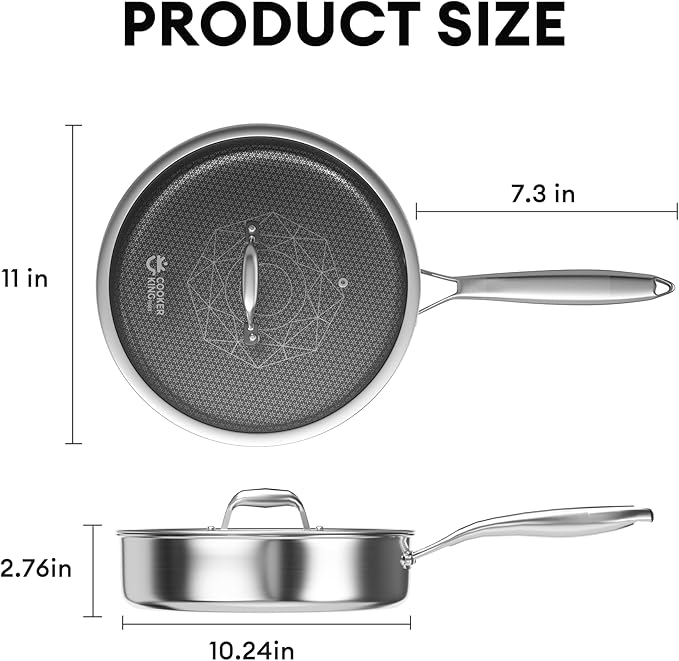 COOKER KING 3.6-Quart Hybrid Stainless Steel Sauté Pan with Lid, 11" Tri-Ply Clad Deep Frying Pan, Nonstick & Non-Toxic Skillet, All Stovetop & Induction Compatible, Oven & Dishwasher Safe