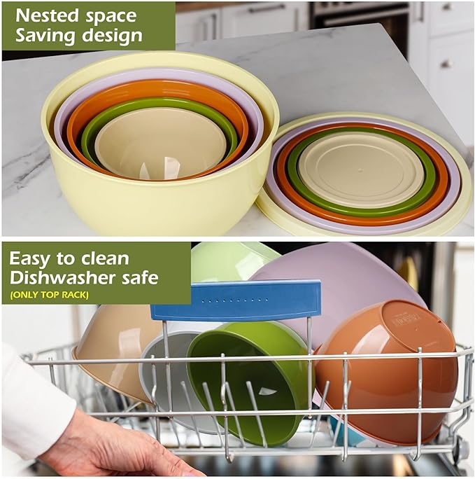 Plastic Mixing Bowls with Lids Set for Kitchen, Nesting Bowls for Mixing, Baking, Prepping, Cooking and Serving Food, Mixing Bowls Dishwasher, Microwave Safe (Yellow green)