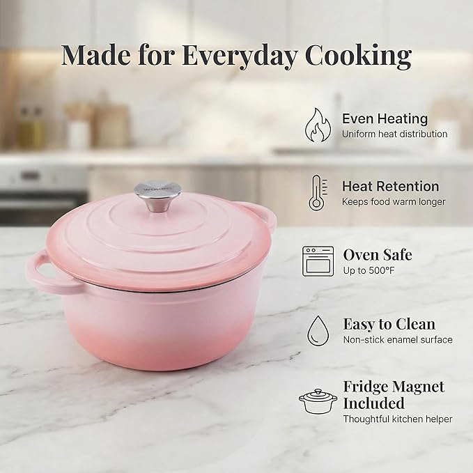 5.5QT Enameled Cast Iron Dutch Oven Pot with Lid,Heavy-Duty Cookware for Sourdough Bread Baking,Braising,Stews,Roasting,Oven Safe up to 500°F,pink
