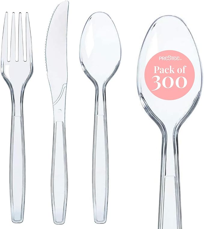 Prestee 300-Piece Plastic Cutlery Set - 100 Each of Clear Plastic Forks, Knives, Spoons - Heavy Duty Silverware for Parties - Disposable Utensils for Weddings and Buffets