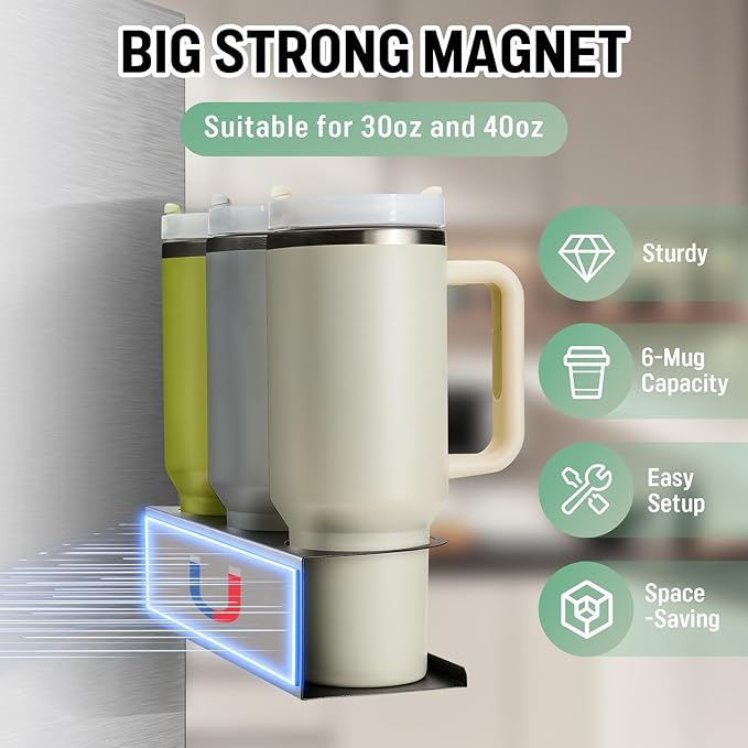 2 Pack Magnetic Stanley Cup Holder for Fridge, Water Bottle Organizer for Tumbler with Double Sided Tape Hold Stanley Cup Accessories for Kitchen Cabinet Wall