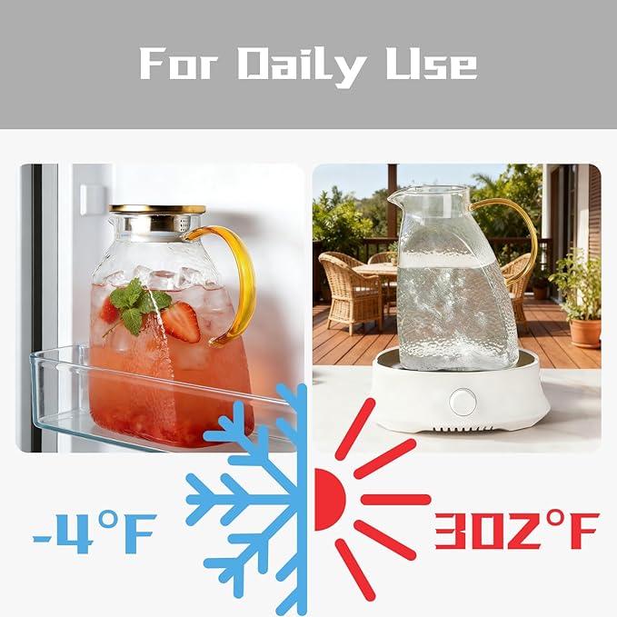 Glass Pitcher with Lid and Spout, 1.8 L/60 oz Clear Fridge Door Jug, Borosilicate Glass Bottle with Handle and Stainless Steel Lid, Hot & Cold Beverage Pitcher for Iced Tea, Coffee, Juice, Milk
