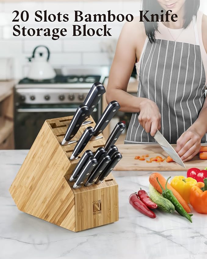 Cook N Home Bamboo Knife Storage Block without Knives, 20 Slots Universal Knife Holder Countertop Butcher Block Knife Stand for Easy Kitchen Storage