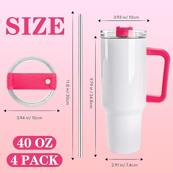 D·S 4 Pack Sublimation Tumblers 40 OZ with Handle Blank Insulated Large Tumbler Bulk, Coffee Travel Cups Stainless Steel Travel Mug for Diy Craft Heat Press Print