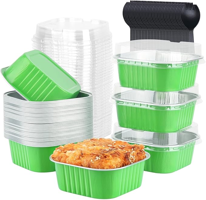 LNYZQUS 10oz Mini Cake Pans With Lids 40 Pack, Aluminum Foil Small Baking Tins,Disposable 4”x4” Large Cupcake Cups Containers,Jumbo Muffin Tin Ramekins Bread Holders-Green