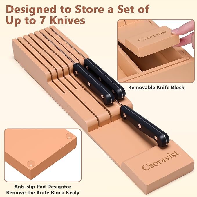 9-Piece Bamboo Kitchen Drawer Organizer Set, Expandable Silverware &Utensil Organizer with Removable Knife Block & Steak Knives, Flatware Organization, Tableware Dividers Storage(Brown)