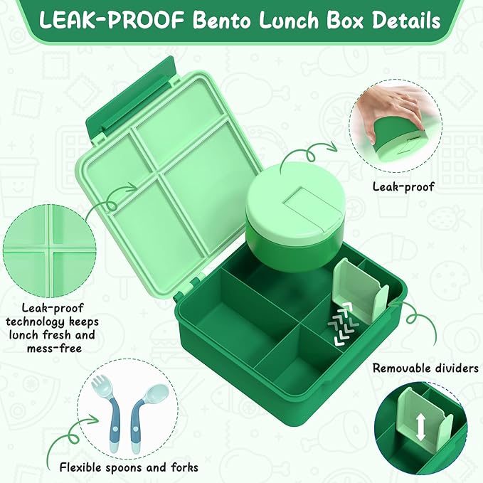 Bento Lunch Box Kids with 8oz Soup Thermo, Leak-Proof Lunch Containers with 4 Compartment, Thermo Hot Food Jar and Insulated Lunch Box for School Green