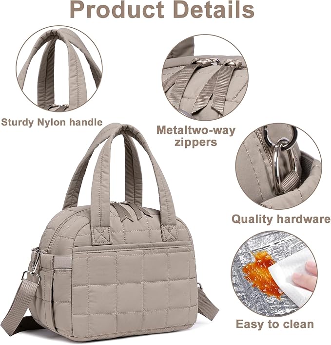LEDAOU Lunch Box for Women Lunch bag Quilted Puffer Lunch Box with Adjustable Strap Insulated Reusable LunchBox for Work School Picnic Travel (Grey)