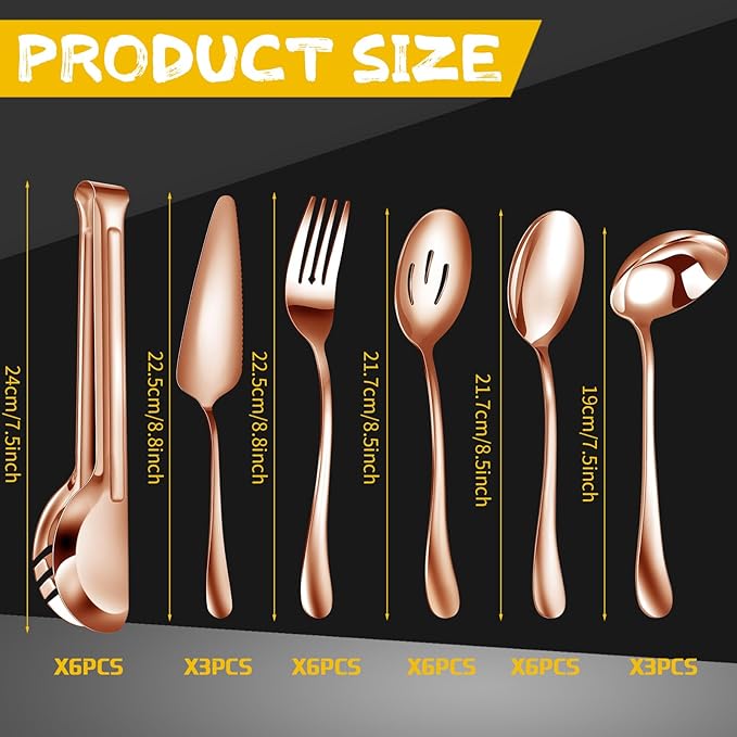 Thenshop 30 Pcs Stainless Steel Serving Utensils Set Flatware Set Include Large Serving Spoons Slotted Spoons Forks Soup Ladle Pie Server and Tongs for Buffet Party(Rose Gold)