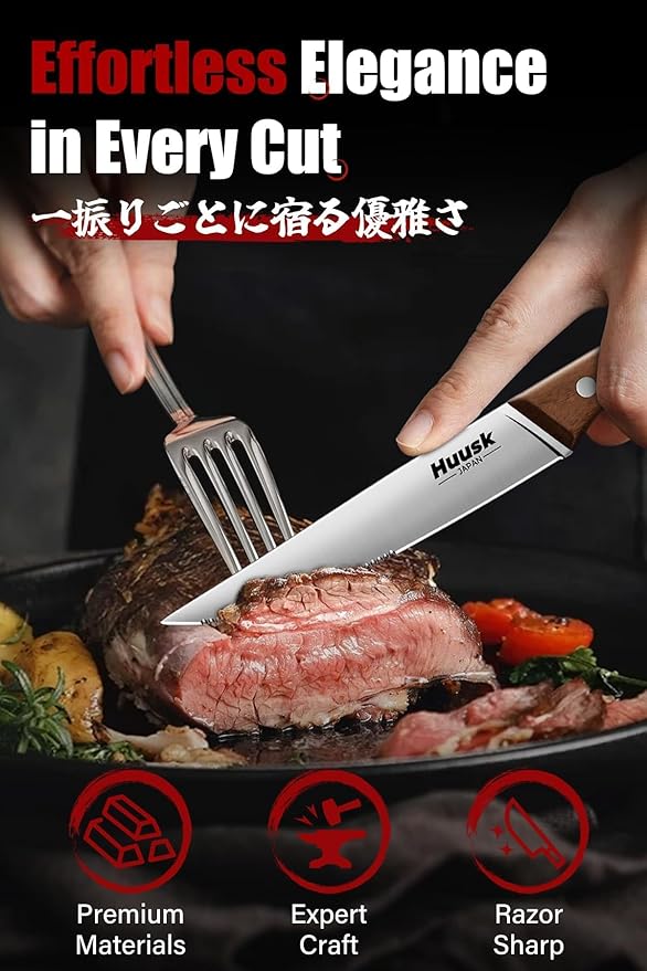 Huusk Steak Knives Set of 6 with Drawer Organizer-4.5 in Japanese Serrated Steak Knife Set with Block, Serrated & Straight Dual-Edge, Stainless Steel Steaks Knives with Holder, Christmas Gifts for Men