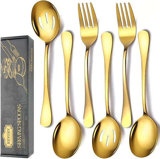 6 Piece Stainless Steel Serving Spoons Set, 10-Inch, Includes 2 Spoon/Slotted/Forks for Parties/Kitchen/Buffet/Catering, Dishwasher Safee, Gold