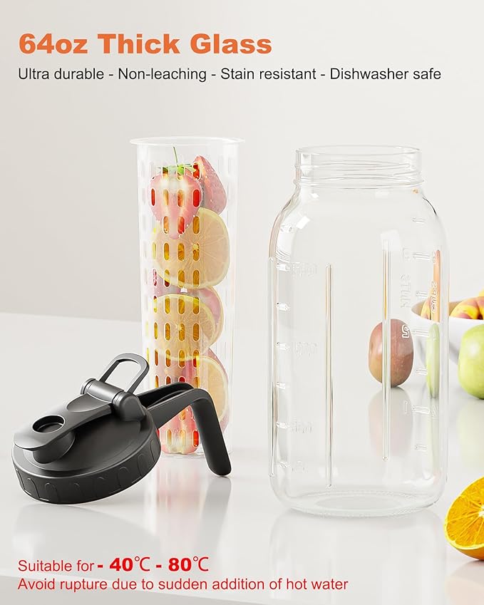 64oz Mason Jar Pitcher with Fruit Tea Infuser – Airtight & Leakproof Glass Pitcher with Lid, Perfect for Iced Tea, Sun Tea and Cold Brew, 2 Quart (1/2 Gallon) Wide Mouth Mason Jar with Pour Spout Lid