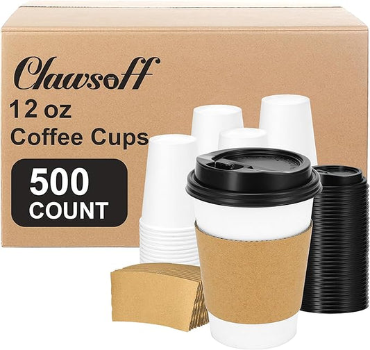 500 Pack 12 oz Disposable Coffee Cups with Lids and Insulated Sleeves, Leak-free Paper and Sturdy Thick Paper Hot to Go Coffee Cups with Lids for Cold/Hot Beverage (White)
