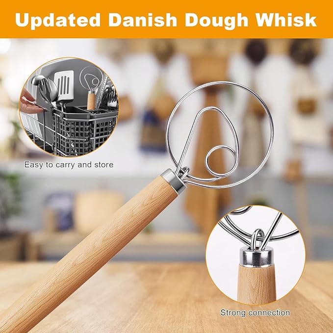 2-Pack Danish Dough Whisk, 13-Inch Dutch Whisk with Stainless Steel Ring, Dutch Bread Whisks for Sourdough, Pizza, Pastry, and Cookies, Essential Kitchen Cooking Safe Mixing Tool