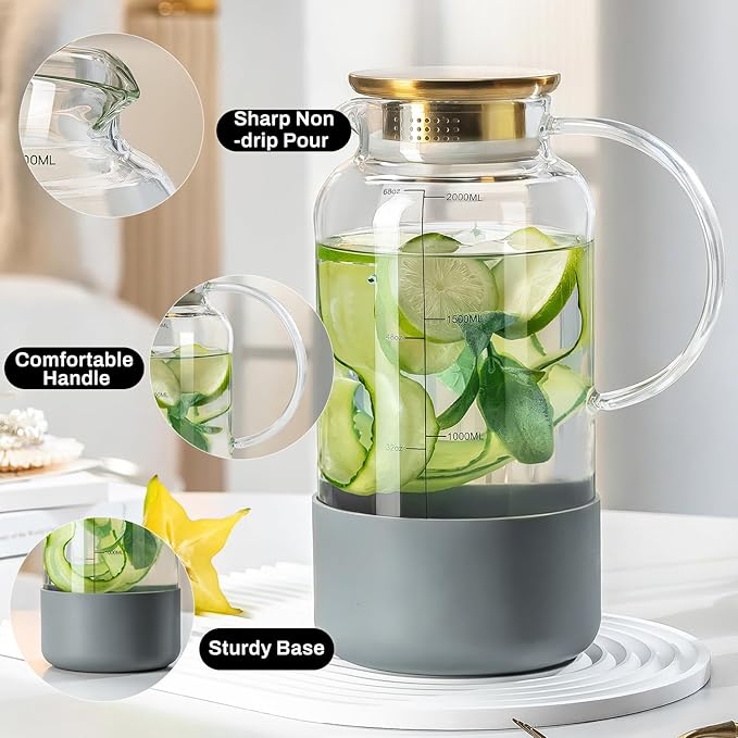 Glass Pitcher with Lid, 2 PACK 68 oz/2L Water Pitcher with Silicone Base and Precise Scale Line，Borosilicate Glass Water Carafe for Coffee, Lemonade, Iced SunTea,Beverage,Water Glass Jug