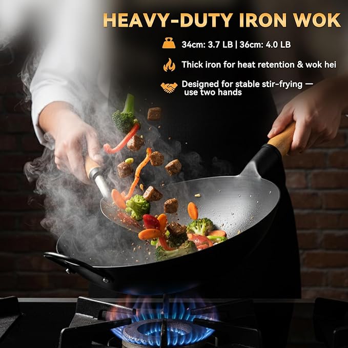 WANGYUANJI 13.4" Carbon Steel Wok - Round Bottom (Fits Wok Burner OR Flat Gas Stove with Ring) - Nitriding Iron Pow Wok (No Coating, Heavy Duty & Durable)