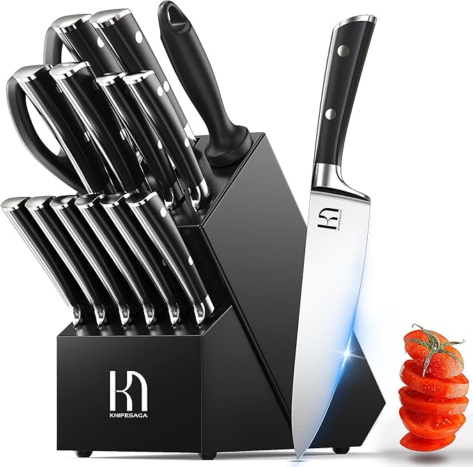 Knife Set 15 Pcs High Carbon Stainless Steel Kitchen Knife Sets with Block & Sharpener, Premium Razor-Sharp Black Knives Block Set for Kitchen, Ergonomic Full-Tang Handle