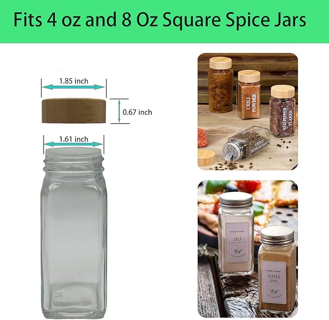 16 Pcs Bamboo Spice Jar Lids Fits Square Containers Seasoning Bottle Sealing Lids Fit Only 4 oz and 8 oz (Bamboo)