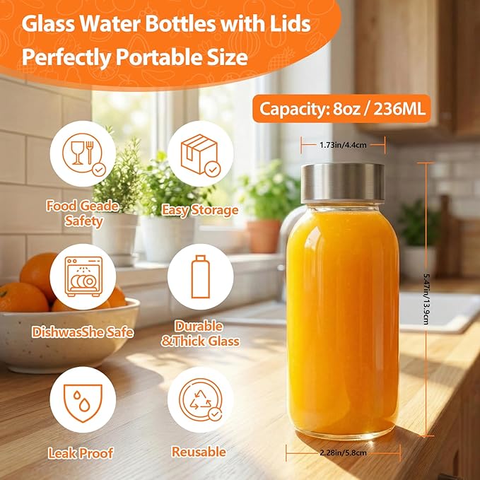8 oz Glass Water Bottles with Lids, 16 Pack Small Glass Juice Bottles with Stainless Steel Caps & Funnel, Leak-Proof Containers for Juicing, Milk, Ginger Shots, Smoothies, Wellness Drinks