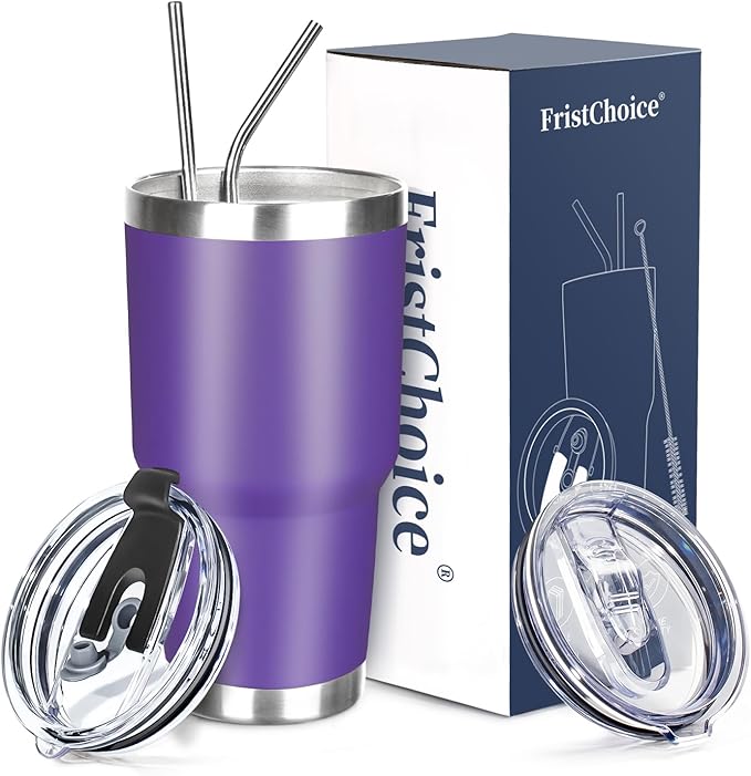 30 oz Tumbler with Lids and Straws Double Wall Vacuum Insulated Tumbler Cup,Stainless Steel Leak-proof Thermal Tumbler Powder Coated Travel Coffee Mug for Cold and Hot Drinks,Dark Purple