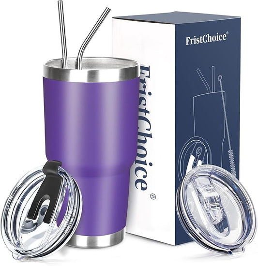 30 oz Tumbler with Lids and Straws Double Wall Vacuum Insulated Tumbler Cup,Stainless Steel Leak-proof Thermal Tumbler Powder Coated Travel Coffee Mug for Cold and Hot Drinks,Dark Purple