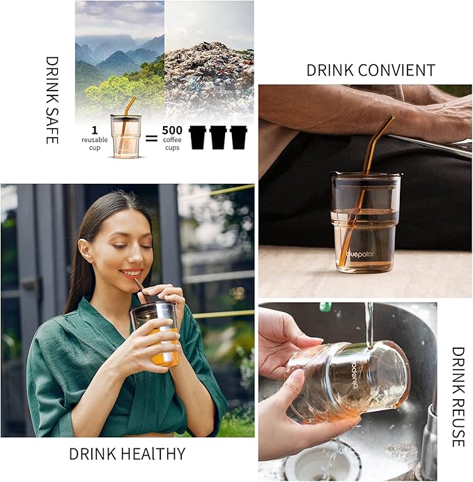 13oz/400ml Glass Water Tumbler with Straw and Lid Sealed Carry On Thick Wall Iced Coffee Cup Glass Cup for Water, Iced Tea Fruit Juice Etc (Amber-4Pack)