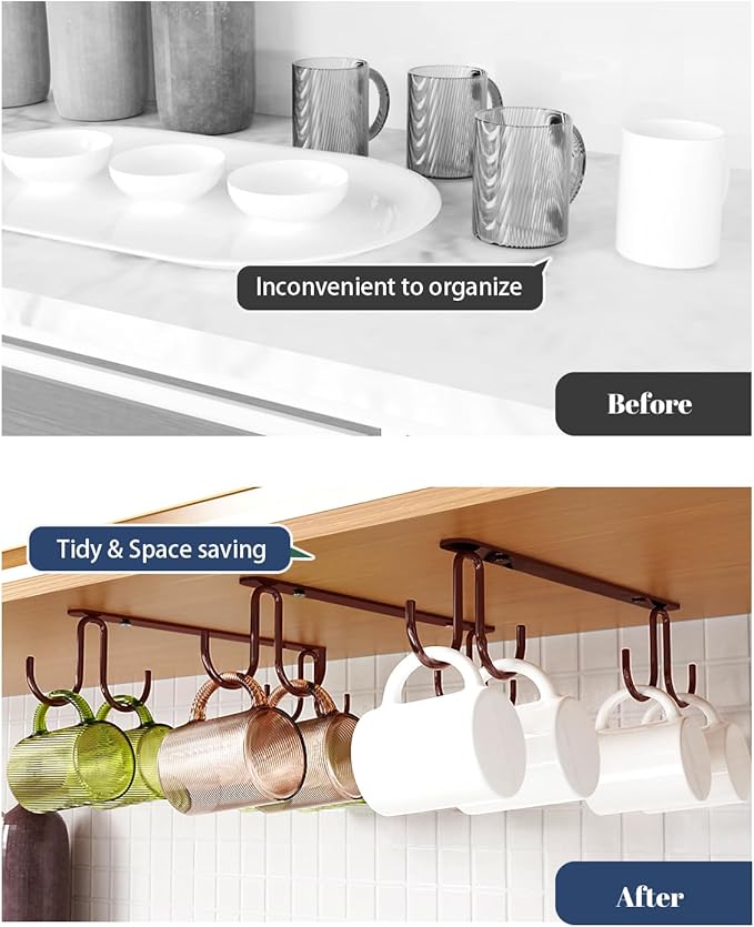 Mug Hooks Under Cabinet 3 Pack, Coffee Cup Hooks for Hanging Under Shelf, Mug Organizer Rack with 12 Hooks for Displaying Mugs, Coffee Cups and Kitchen Utensils, Brown