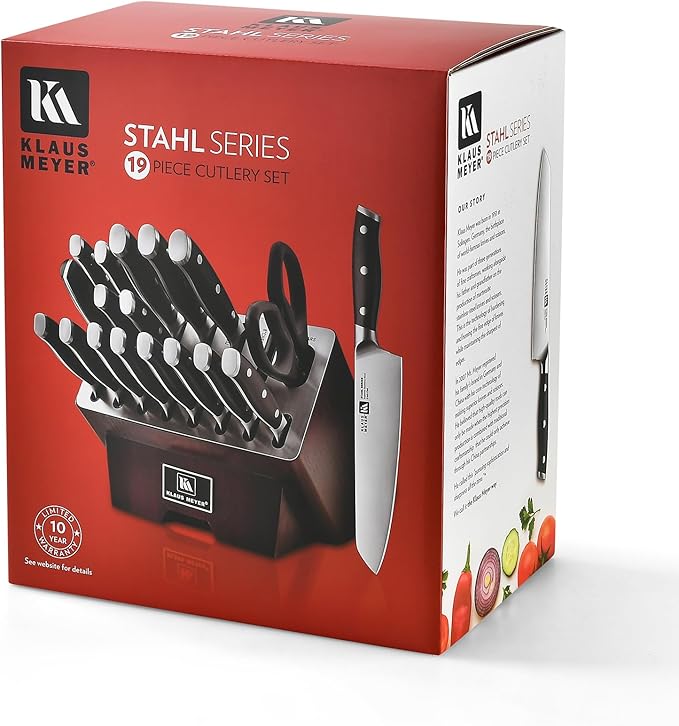 Klaus Meyer 19-Piece Knife Block Set with Sharpener, High Carbon German Stainless Steel (Stahl), Full-Tang Handles, Kitchen Knife Set (Black)