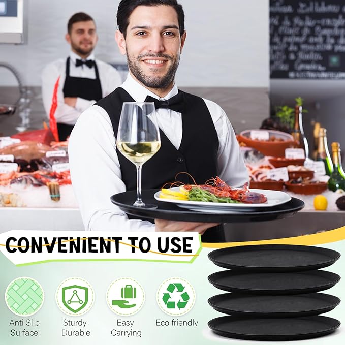 4 Pcs 16 Inch Restaurant Serving Trays, Black Plastic Non Slip Round Tray, Large Food Crawfish Server Tray for Home, Restaurant, Kitchen, Cafeteria, Bar, Hotel(Black)
