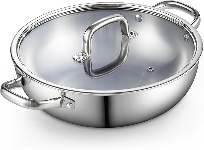 Cook N Home Stainless Steel Wok Pan with Lid, 12 inch Tri-Ply Clad Stainless Flat Bottom Wok Stir Fry Pan, Dishwasher and Oven-Safe, Compatible with All Cooktops