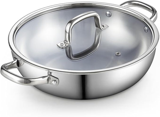 Cook N Home Stainless Steel Wok Pan with Lid, 12 inch Tri-Ply Clad Stainless Flat Bottom Wok Stir Fry Pan, Dishwasher and Oven-Safe, Compatible with All Cooktops