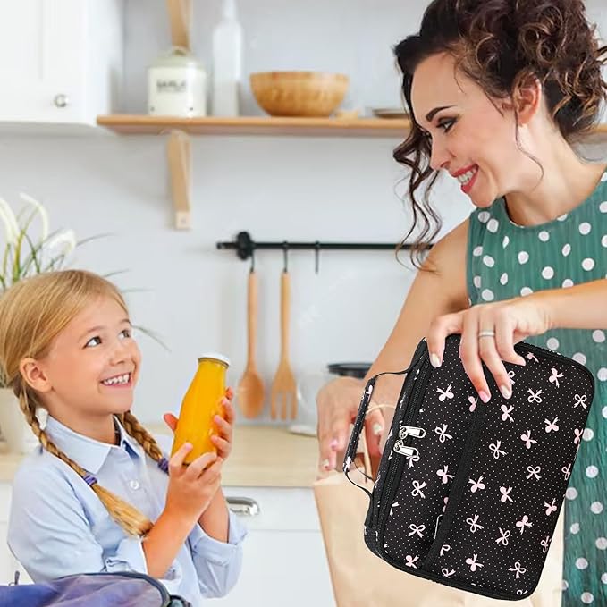 LEDAOU Lunch Box Kids Insulated Lunch Bag Girls Toddler Reusable Lunchbox for School Picnic Hiking (Black-Pink Bow)