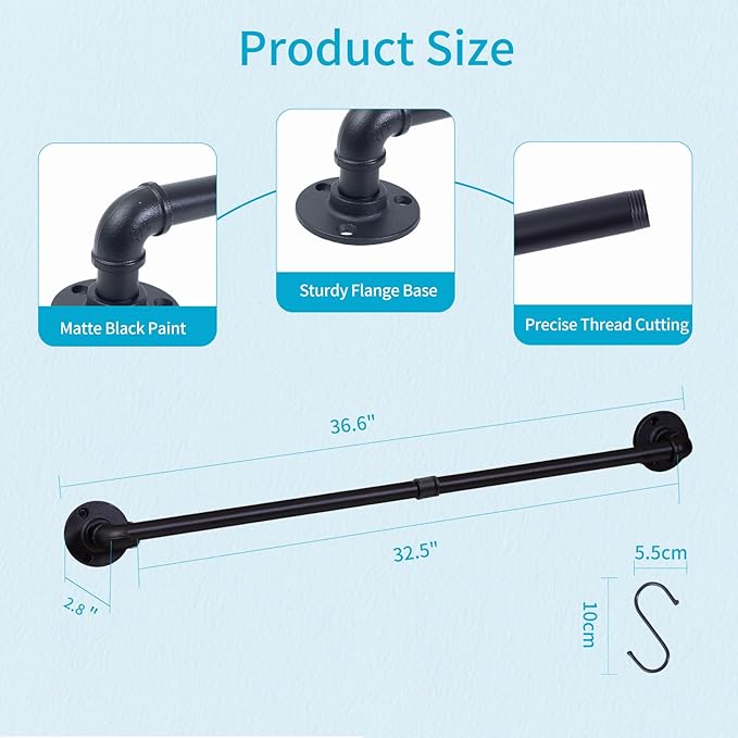 38 inch Pot Pan Rack Wall Mounted Industrial Pipe Hanging Rail Kitchen Lids Bar Utensils Hanger with 10 S Hooks Black