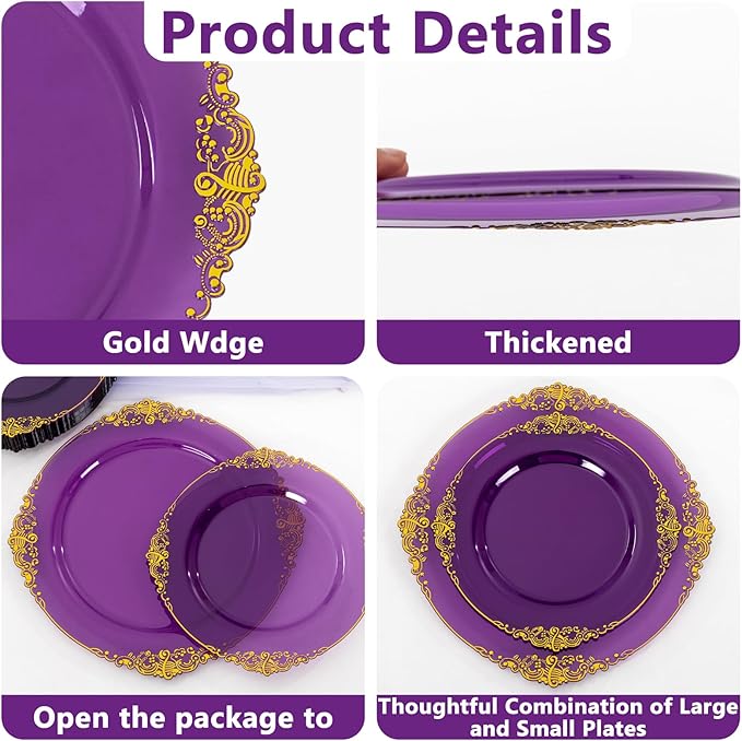 102PCS Purple and Gold Plastic Plates - High End Purple Disposable Plate Easter - Vintage Dinner & Dessert Plates for 51 Guests Birthday Easter Party Wedding
