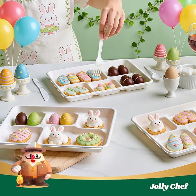 JOLLY CHEF Compostable 𝟱 Compartment Paper Plates 𝟭𝟭 * 𝟴 𝗶𝗻𝗰𝗵 [𝟱𝟬𝟬 𝗣𝗮𝗰𝗸] Heavy Duty White Divided Disposable Plate Eco-Friendly Biodegradable Food Trays for Party Lunch Dinner Christmas