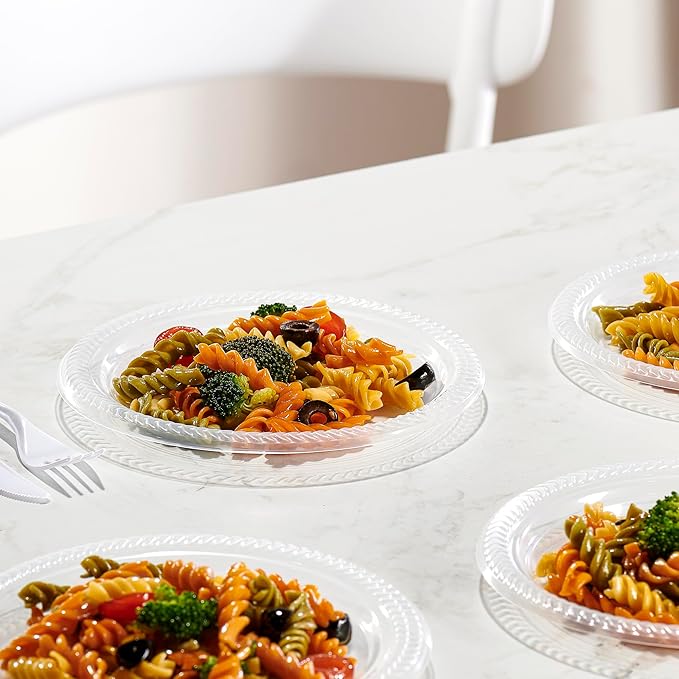 PLASTICPRO 80 Pack Clear Plastic Plates 7 Inch Durable Disposable Plastic Dinner Plates for Parties Events BBQ
