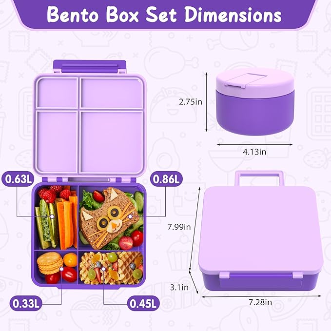 Bento Lunch Box Kids with 8oz Soup Thermo, Leak-Proof Lunch Containers with 4 Compartment, Thermo Hot Food Jar and Insulated Lunch Box for School Purple