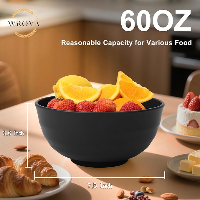 Wrova Wheat Straw Bowls 60oz, Large Salad Bowl Unbreakable Ramen Bowls Set of 6, Microwave & Dishwasher Safe Big Popcorn Bowl Alternative Plastic Bowls Reusable, Kitchen Bowls for Cereal,Noodle- Black