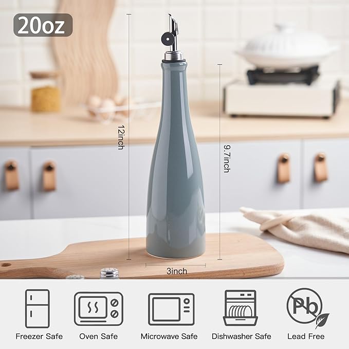 YOLIFE Olive Oil Dispenser Bottle, 20oz Ceramic Oil Dispenser for Kitchen, Oil Bottle with Gravity Spout, Leak Proof EVOO Dispensing Bottle with 2 Spouts and 1 Funnel for Vinegar, Juice(Gray)