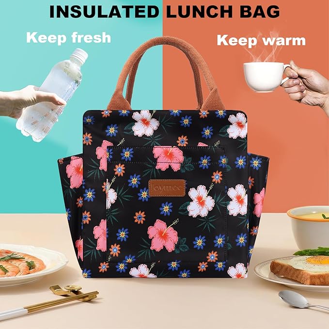 Joymee Lunch Bag Women Insulated Lunch Box Reusable Leakproof Large Spacious Cooler Tote for Women Men Adult with Bottle Holder and Side Pockets for Work Office Travel Picnic -Black Floral