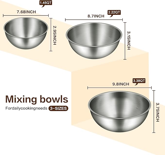3-Piece Stainless Steel Mixing Bowls Set, 1.45, 2.22 & 3.38 Qt with Measurement Marks, Food Grade 304, Dishwasher Safe & Stackable for Baking, Tossing Salads, and Meal Prep for Your Kitchen