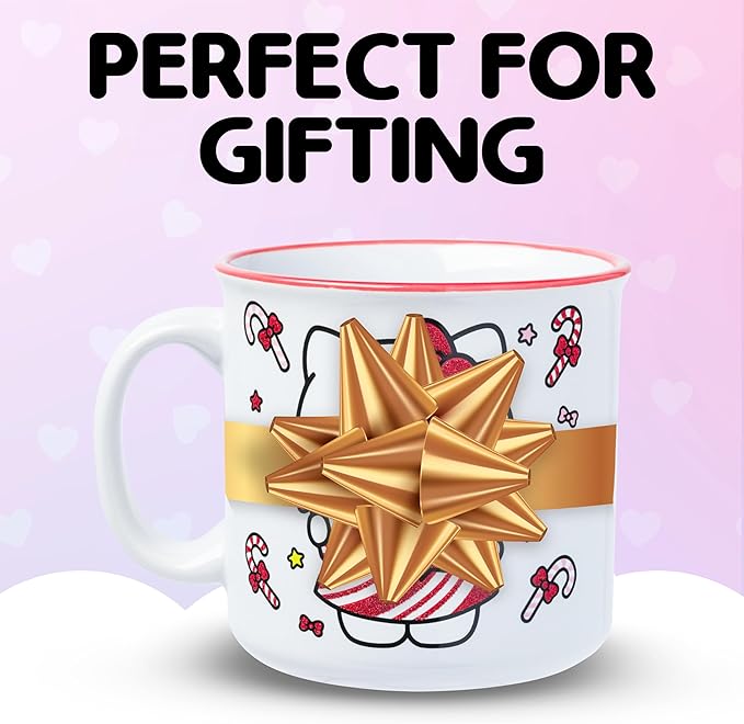 Silver Buffalo Sanrio Hello Kitty Christmas Candy Canes Glitter Ceramic Camper Mug, 20 Ounces