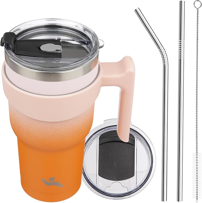 30 oz Tumbler with Handle and 2 Straw 2 Lid, Insulated Water Bottle Stainless Steel Vacuum Cup Reusable Travel Mug,Coral