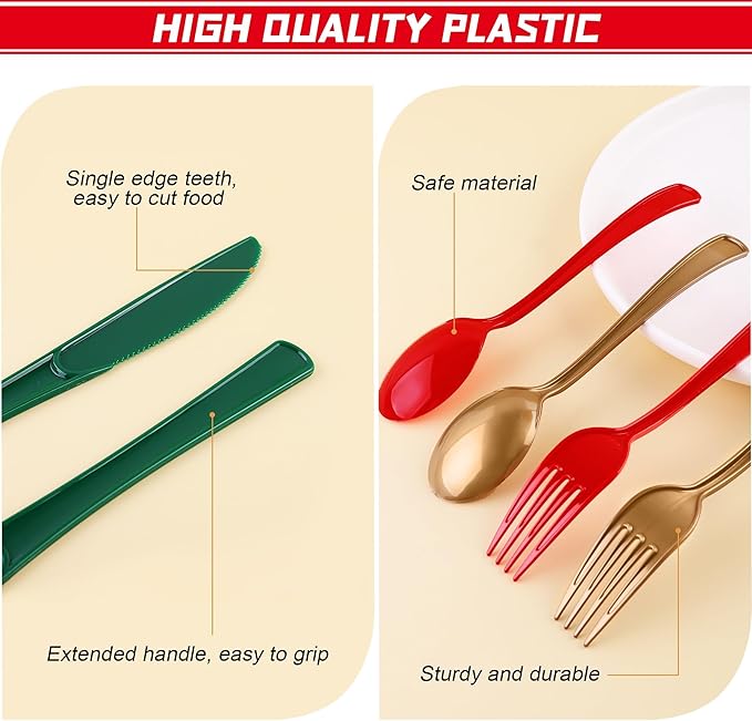 Kochorie 300 Pieces Christmas Plastic Silverware Heavy Duty Plastic Cutlery Set Heavyweight Disposable Flatware Includes Christmas Spoons Forks Knifes for Christmas New Year Party